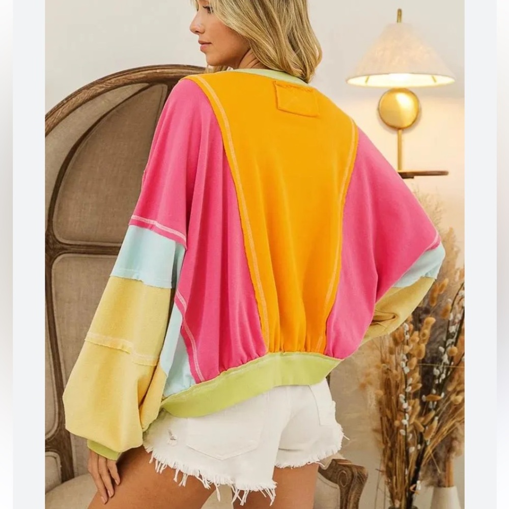 BiBi colorful patchwork exposed stitching colorblock oversized crewneck top XL - Picture 2 of 10
